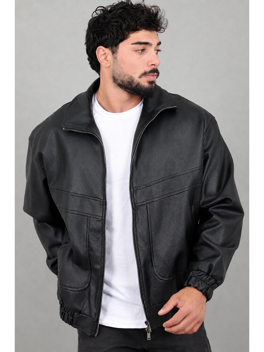 Siyah Oversize Dik Yaka Desenli Suni Deri Mont Kmd 881_50529