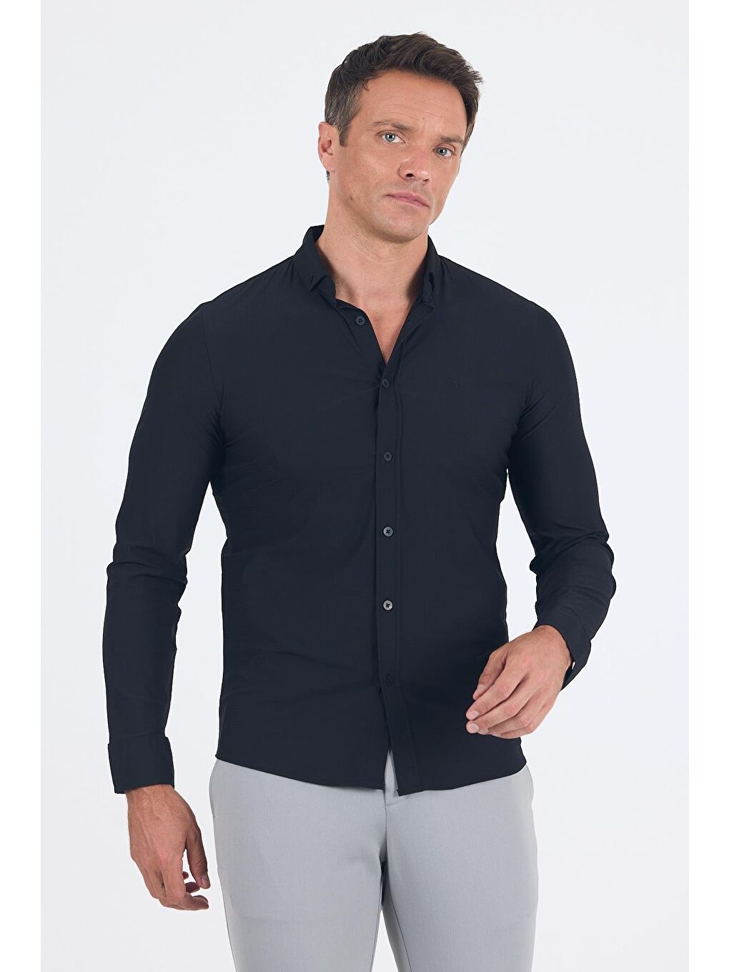 Siyah Smart Düğmeli Yaka Uzun Kol Cepsiz Slim Fit Esnek Gömlek Gömlek 1004250252-2