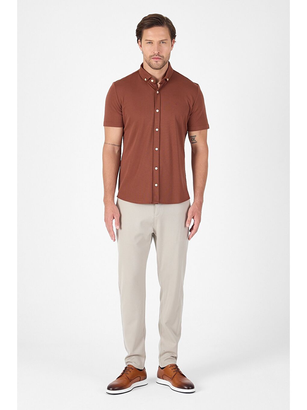 Kahverengi Kiremit Kısa Kol Düğmeli Yaka Cepsiz Performans Ürün Slim Fit Büyük Beden Gömlek 1004250256-3