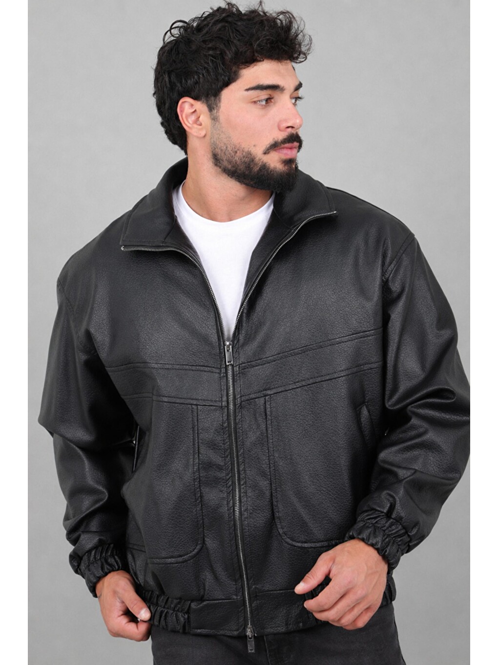 Siyah Oversize Dik Yaka Desenli Suni Deri Mont Kmd 881_50529-1