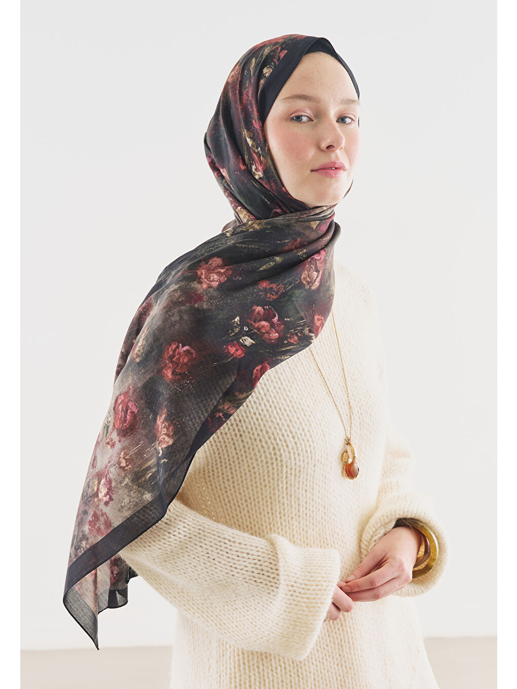 Siyah EVELYNE DESENLİ PAMUK VİSKON ŞAL SİYAH-2