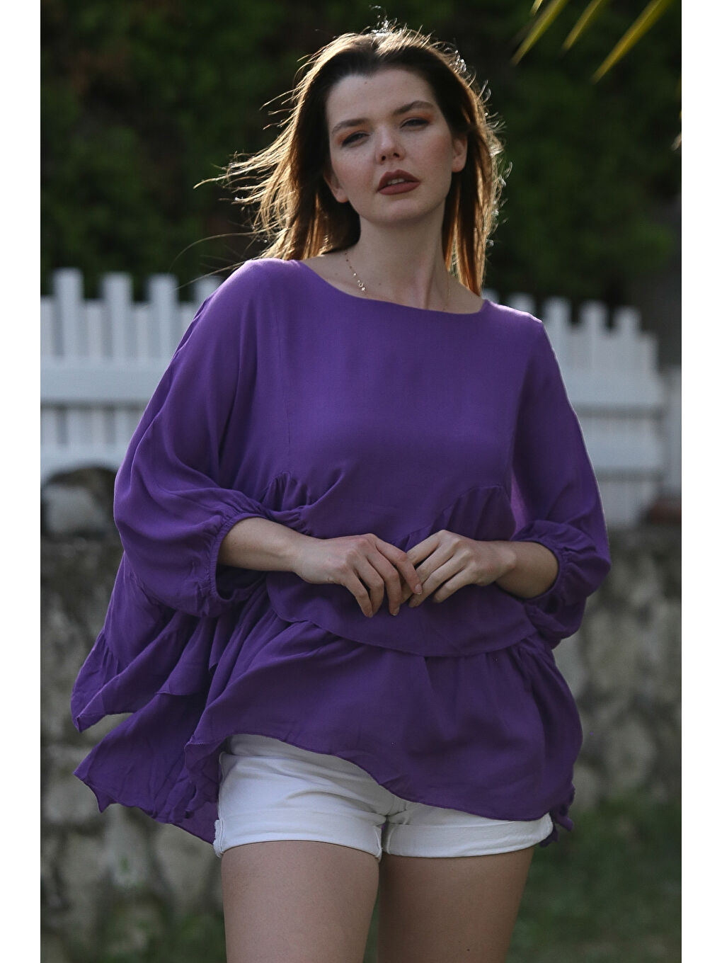 Mor Kayık Yaka Yarasa Kol İnce Astarlı Çift Katlı Fırfırlı Casual Oversize Dokuma Bluz 75 85