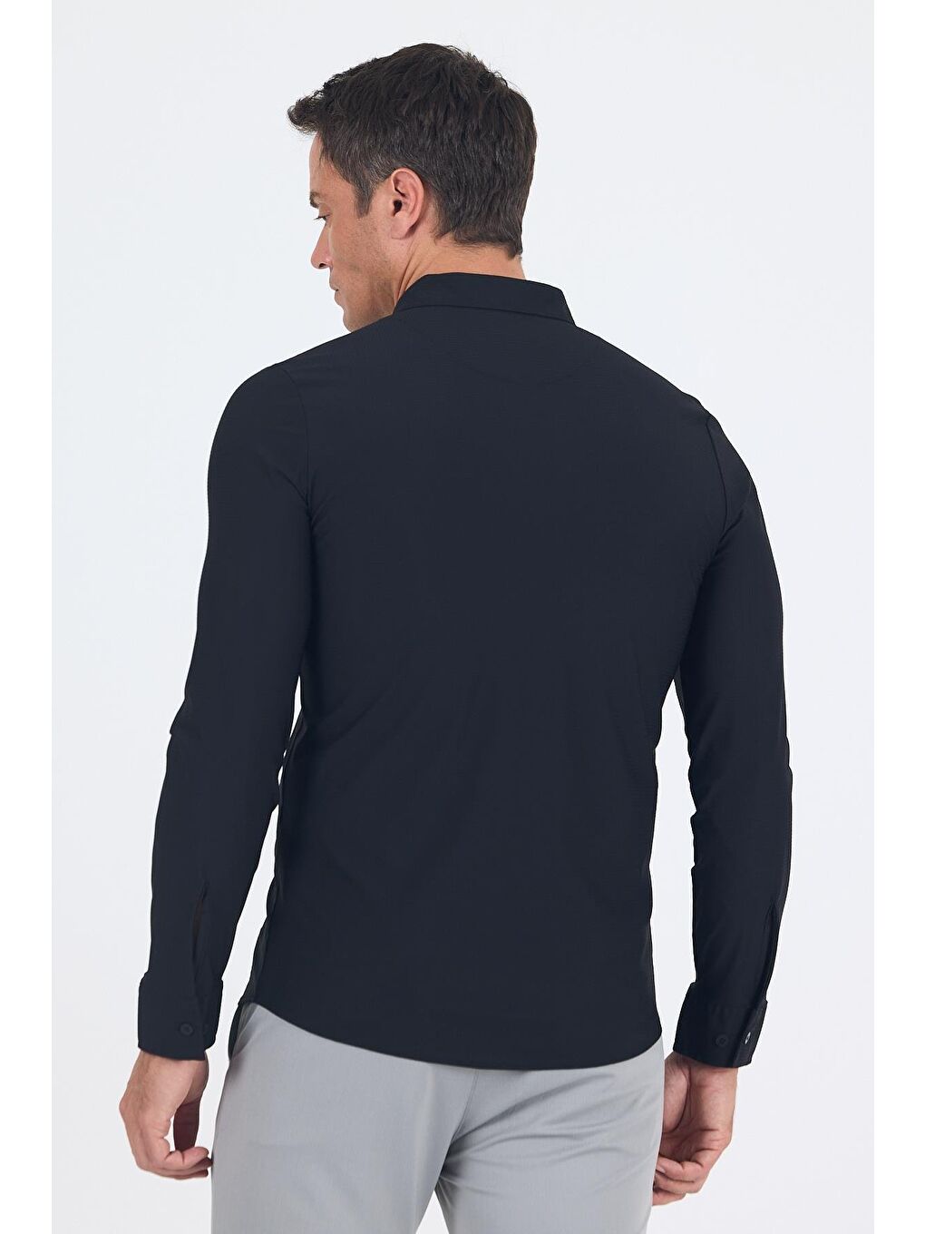 Siyah Smart Düğmeli Yaka Uzun Kol Cepsiz Slim Fit Esnek Gömlek Gömlek 1004250252-4