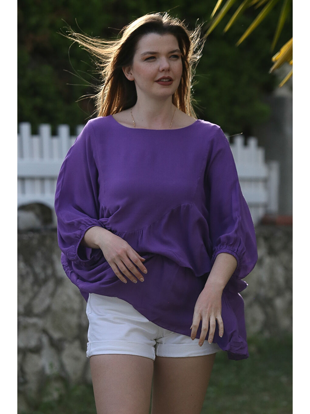 Mor Kayık Yaka Yarasa Kol İnce Astarlı Çift Katlı Fırfırlı Casual Oversize Dokuma Bluz 75 85-1