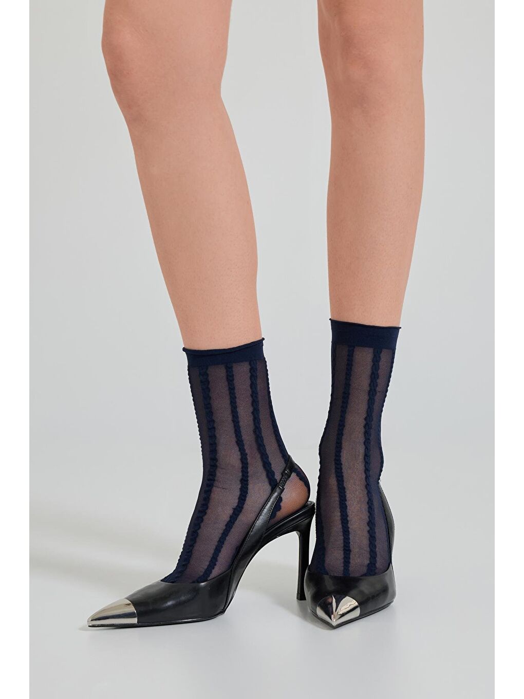 Kadın Şeritli İnce Soket Çorap Lacivert-1
