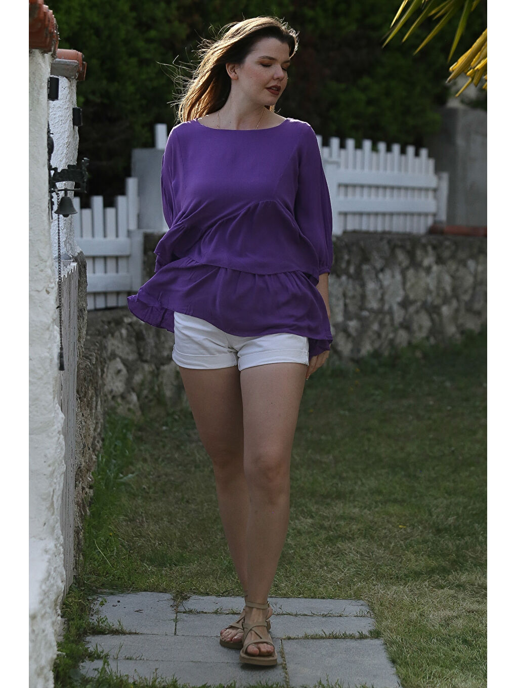 Mor Kayık Yaka Yarasa Kol İnce Astarlı Çift Katlı Fırfırlı Casual Oversize Dokuma Bluz 75 85-2