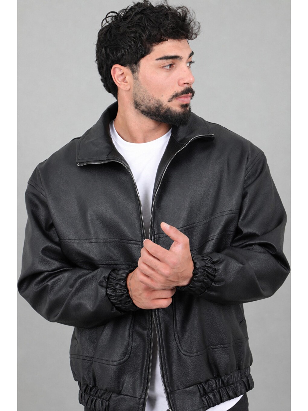 Siyah Oversize Dik Yaka Desenli Suni Deri Mont Kmd 881_50529-3