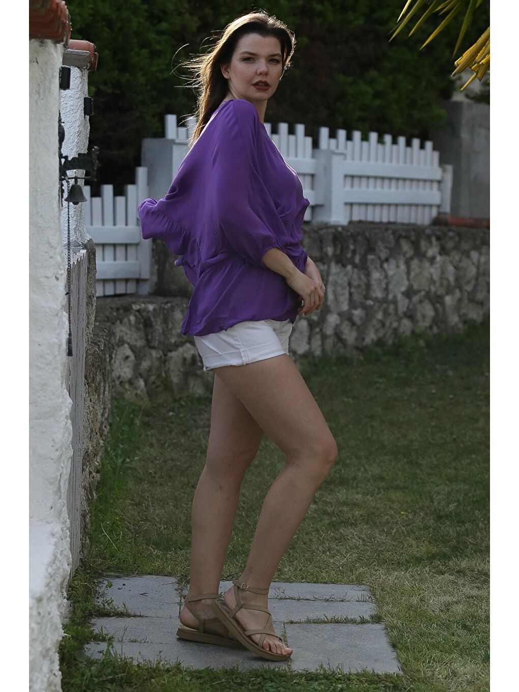 Mor Kayık Yaka Yarasa Kol İnce Astarlı Çift Katlı Fırfırlı Casual Oversize Dokuma Bluz 75 85-3