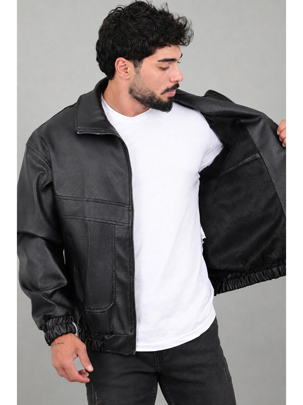 Siyah Oversize Dik Yaka Desenli Suni Deri Mont Kmd 881_50529-4