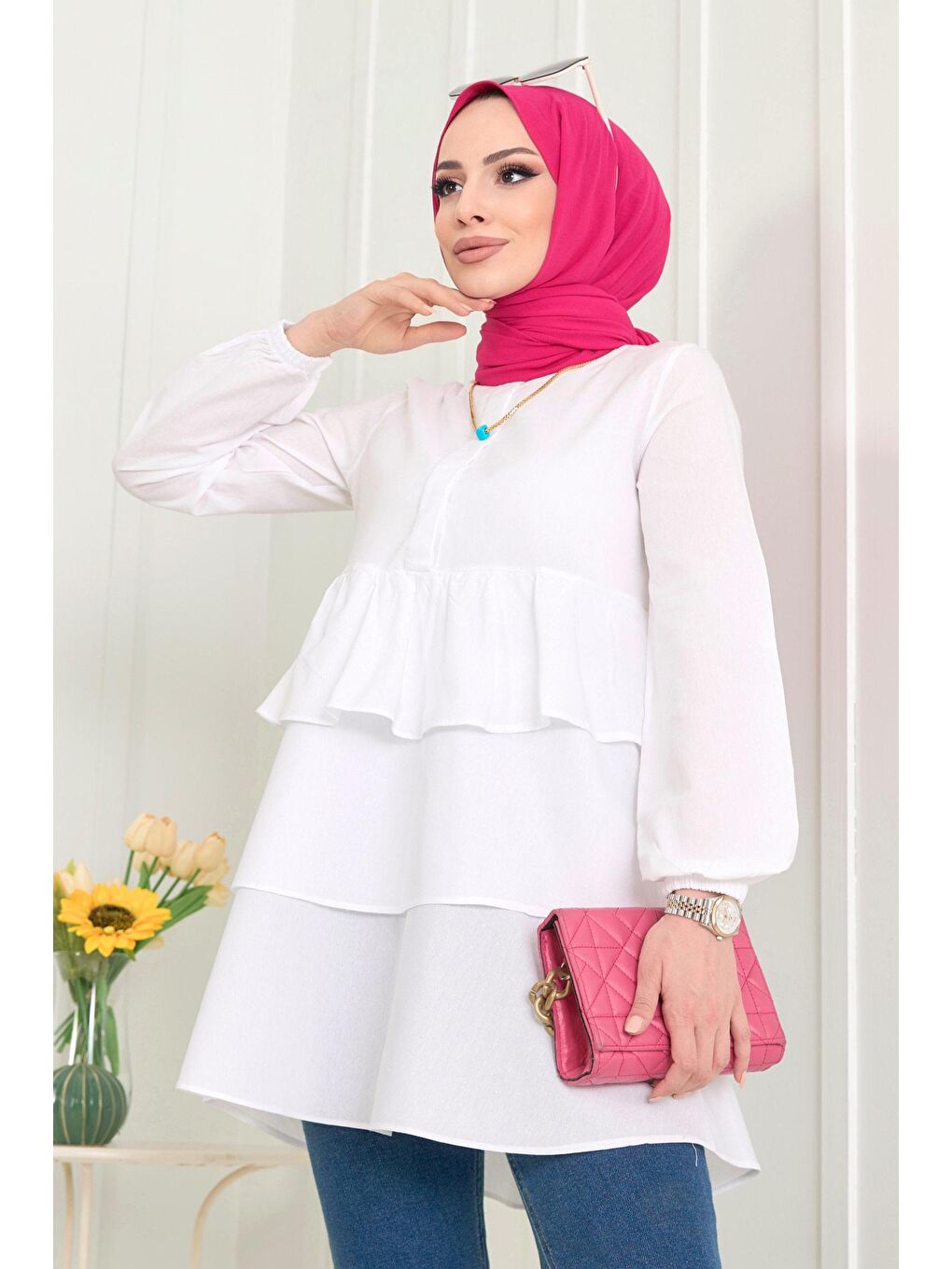 Hakim Yaka Kadın Beyaz Tunik - 11468-1