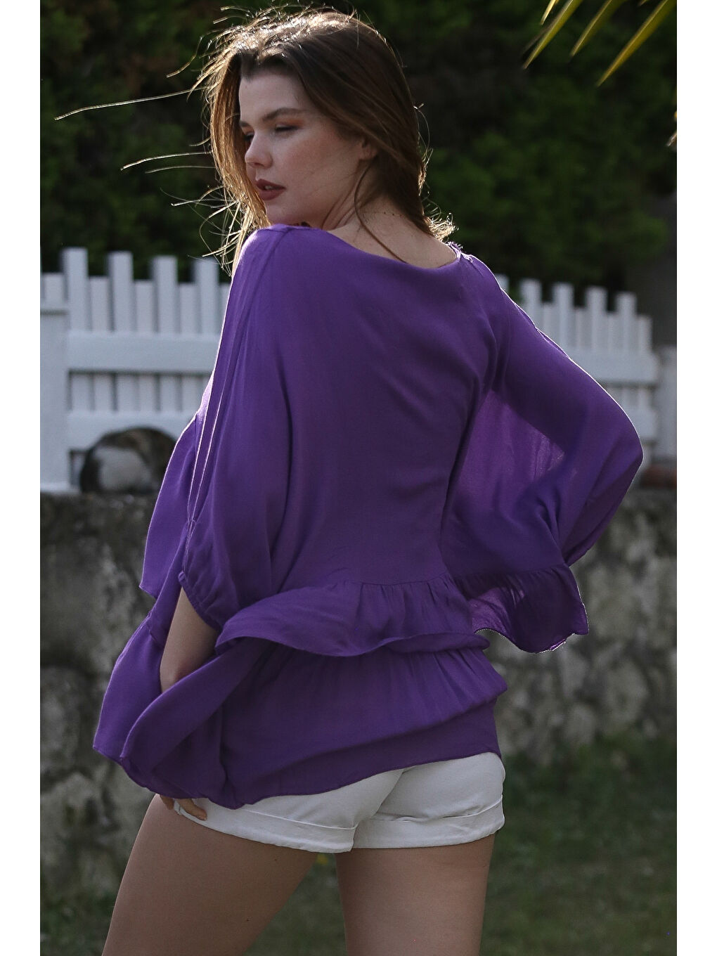 Mor Kayık Yaka Yarasa Kol İnce Astarlı Çift Katlı Fırfırlı Casual Oversize Dokuma Bluz 75 85-5