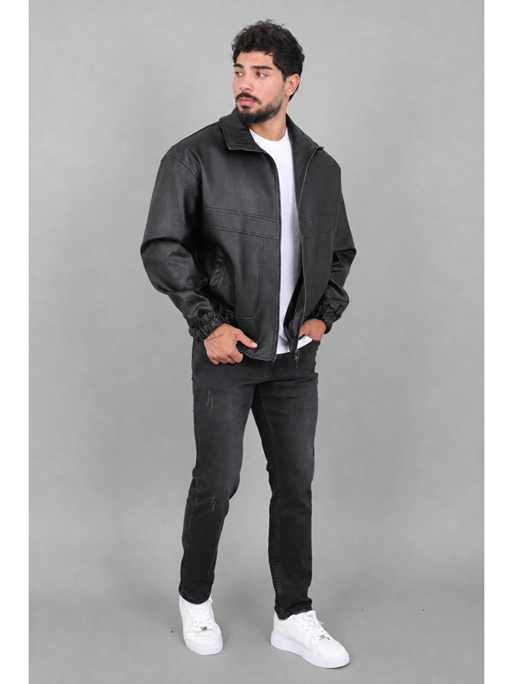 Siyah Oversize Dik Yaka Desenli Suni Deri Mont Kmd 881_50529-5