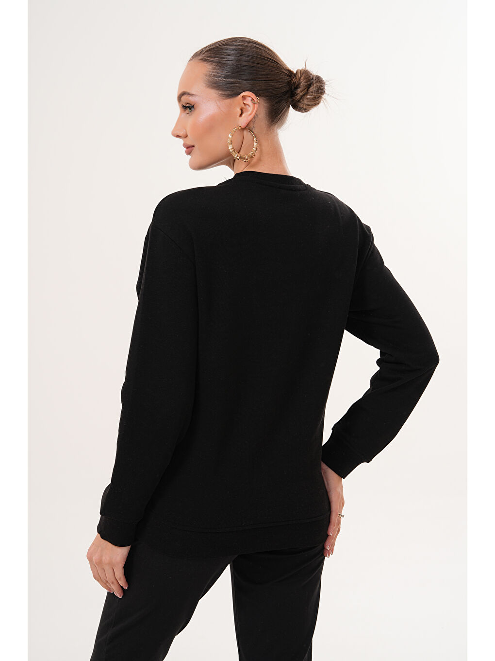 Siyah Bisiklet Yaka %100 Pamuk Hamile ve Lohusa Basic Sweatshirt-1