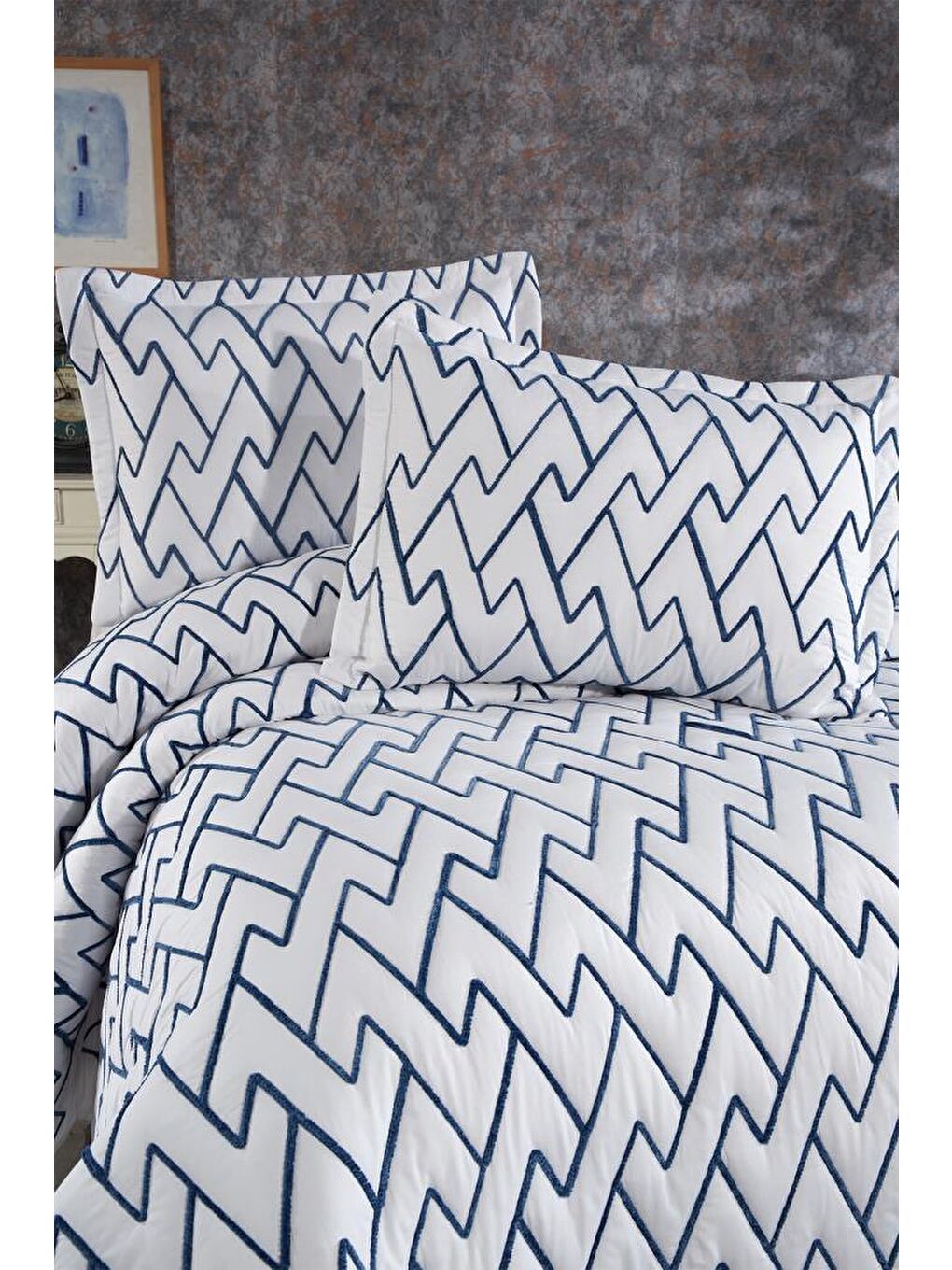 Karışık Maria Kapitoneli Çift Kişilik Yatak Örtüsü 230x240 Krem Mavi-2