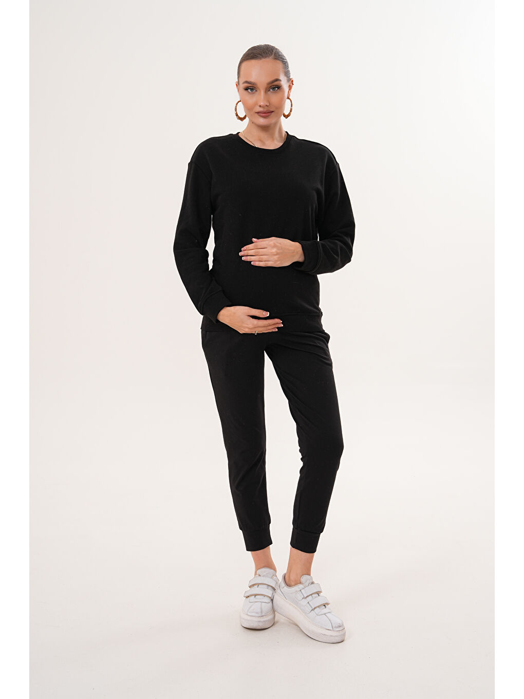 Siyah Bisiklet Yaka %100 Pamuk Hamile ve Lohusa Basic Sweatshirt-2