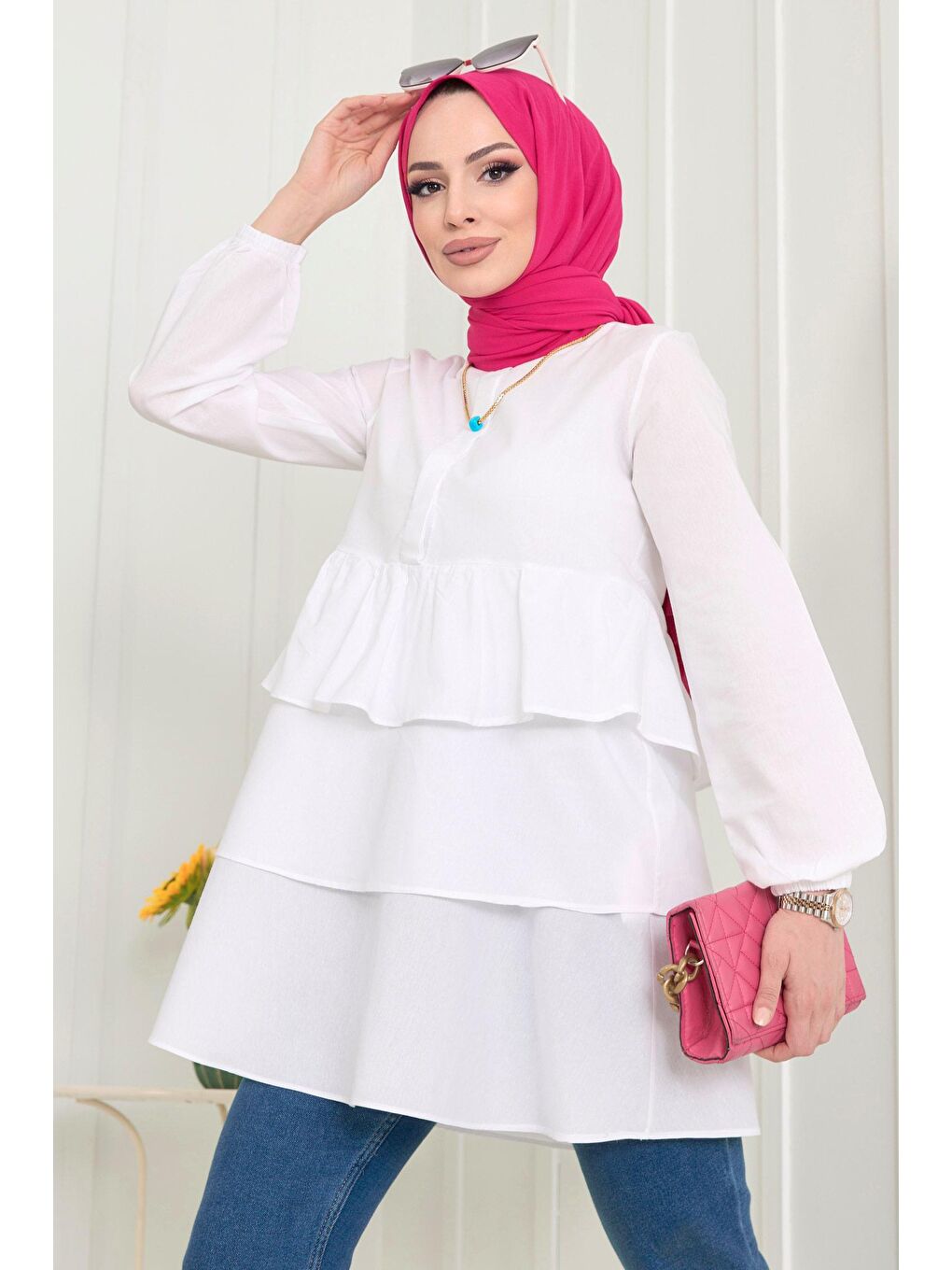 Hakim Yaka Kadın Beyaz Tunik - 11468-2