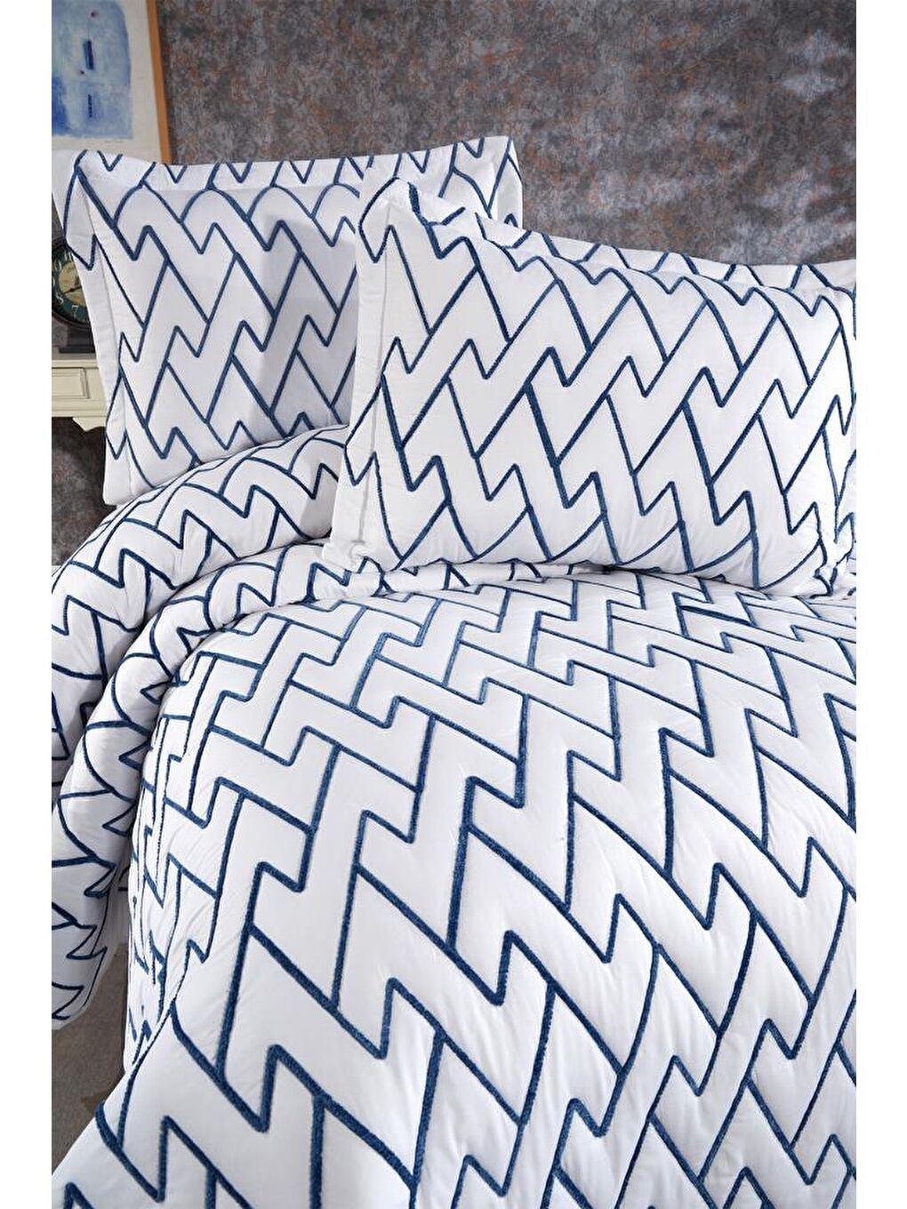 Karışık Maria Kapitoneli Çift Kişilik Yatak Örtüsü 230x240 Krem Mavi-3