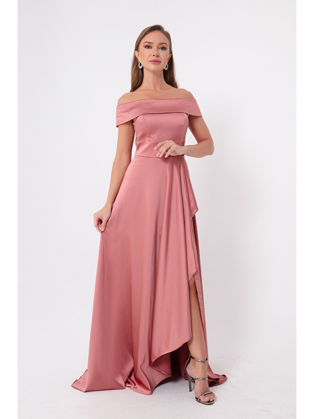 Pembe Kadın Somon Kayık Yaka Saten Abiye & Mezuniyet Elbisesi-1