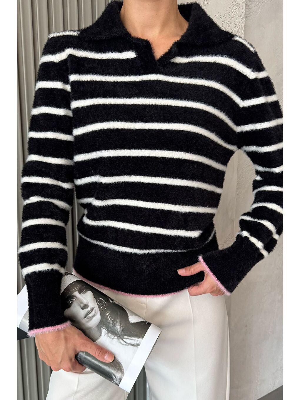 Siyah Kadın Polo Yaka Çizgi Desenli Sakallı Triko Kazak (s-m-l-xl Beden Uyumludur.)-1