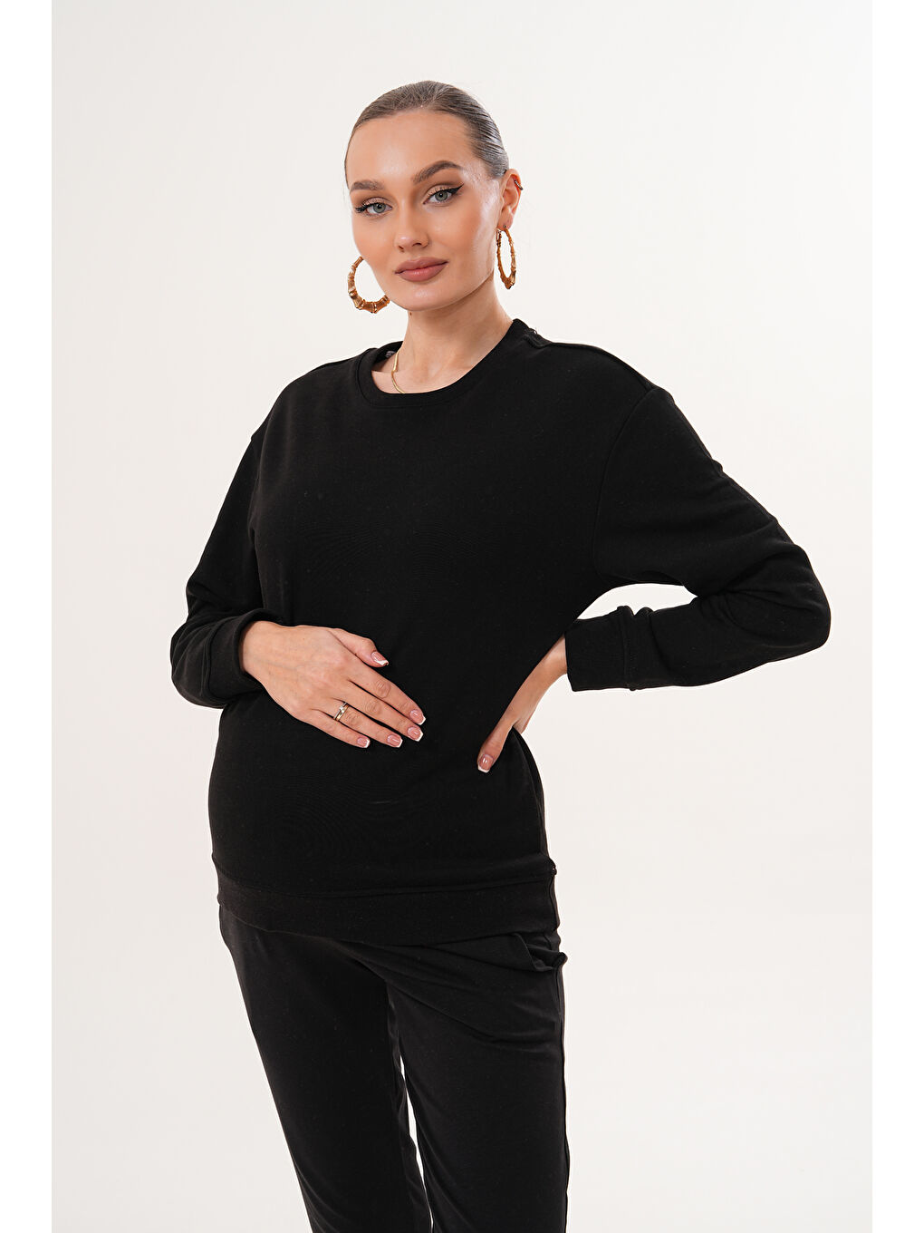 Siyah Bisiklet Yaka %100 Pamuk Hamile ve Lohusa Basic Sweatshirt-3