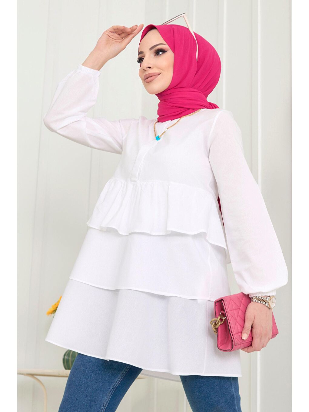 Hakim Yaka Kadın Beyaz Tunik - 11468-3