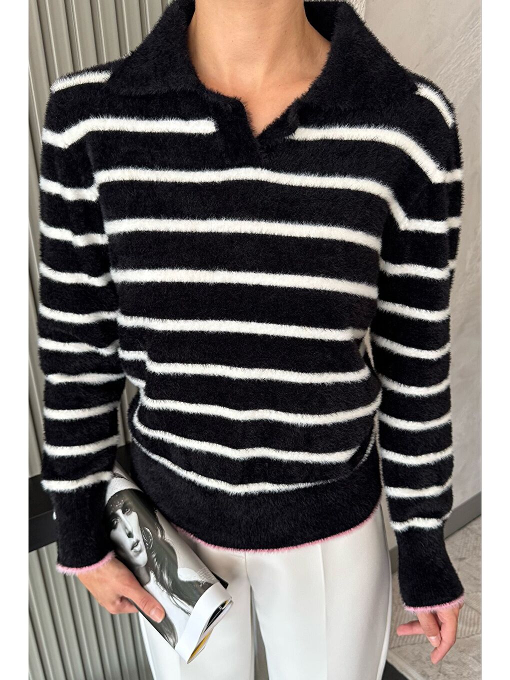 Siyah Kadın Polo Yaka Çizgi Desenli Sakallı Triko Kazak (s-m-l-xl Beden Uyumludur.)-2