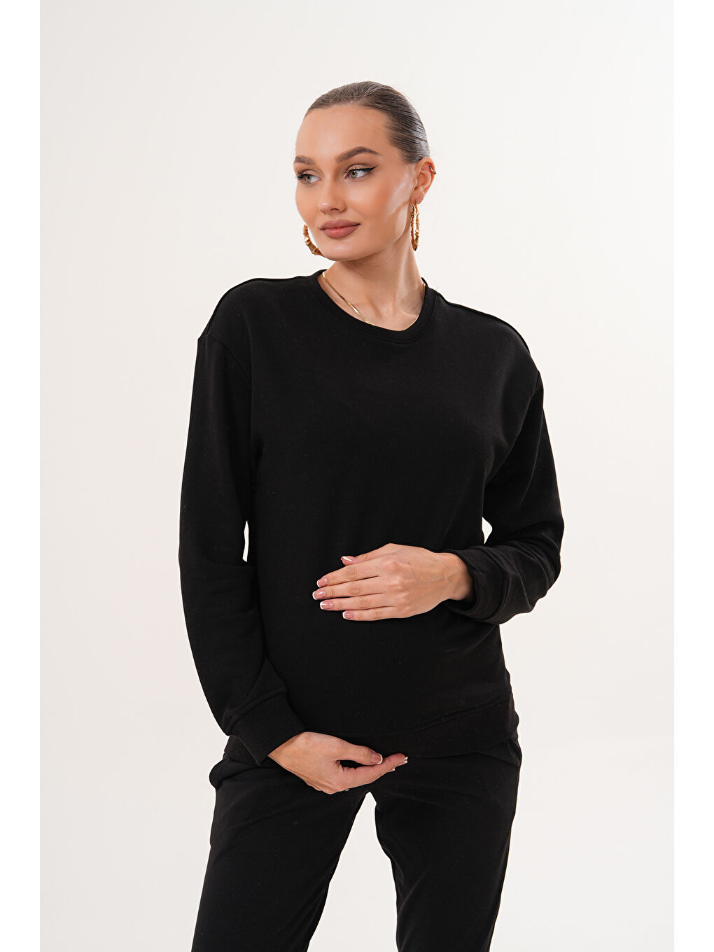 Siyah Bisiklet Yaka %100 Pamuk Hamile ve Lohusa Basic Sweatshirt-4