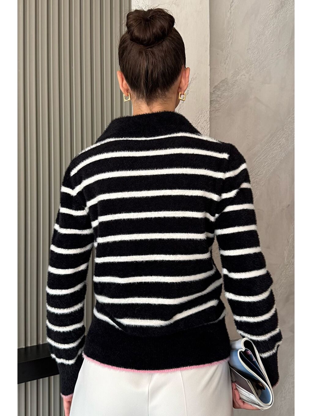 Siyah Kadın Polo Yaka Çizgi Desenli Sakallı Triko Kazak (s-m-l-xl Beden Uyumludur.)-3