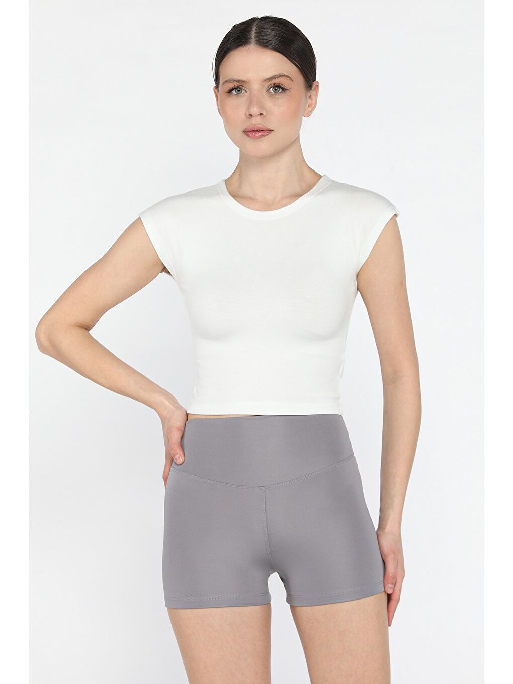 Gri Kadın Yüksek Bel Dalgıç Kumaş Mini Tayt