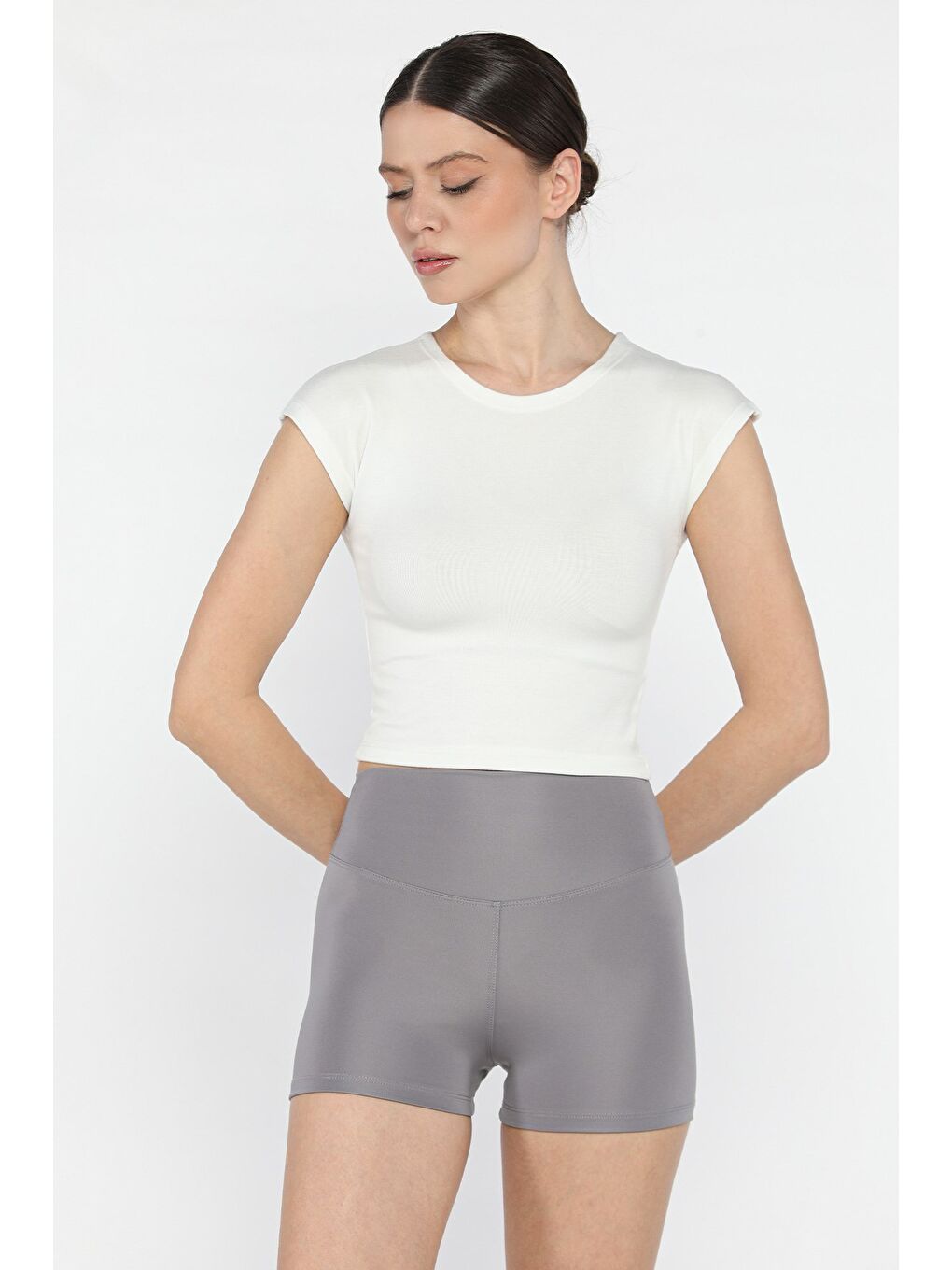 Gri Kadın Yüksek Bel Dalgıç Kumaş Mini Tayt-1