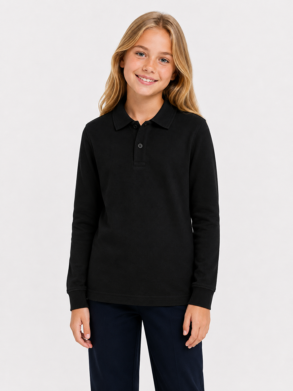 Siyah Kids Polo Yaka Basic Uzun Kollu Unisex Kız Çocuk Tişört
