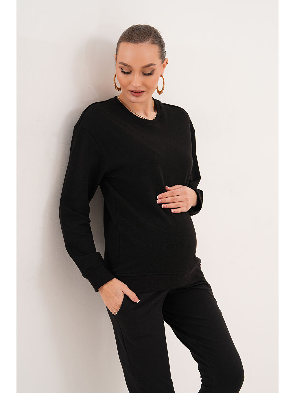 Siyah Bisiklet Yaka %100 Pamuk Hamile ve Lohusa Basic Sweatshirt-6