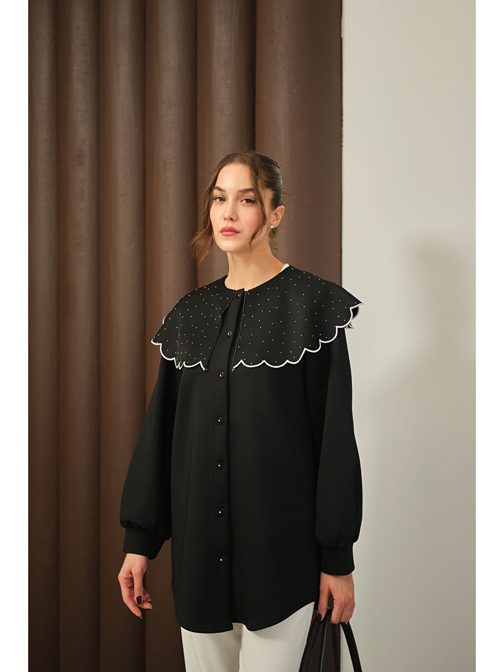 Kadın Yakası Taşlı Tunik Siyah-2