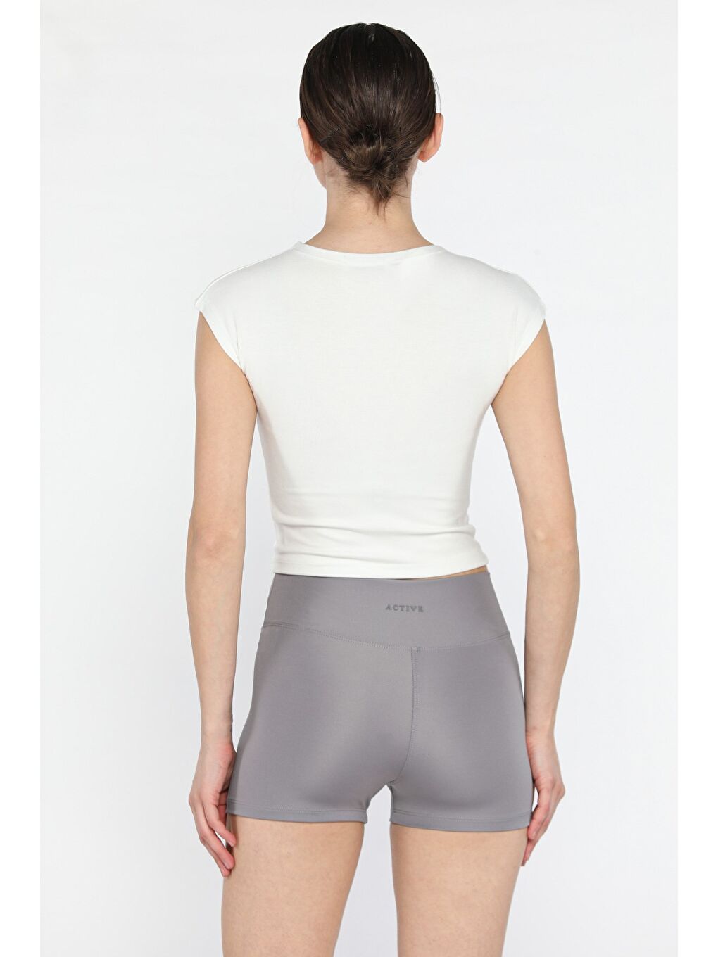 Gri Kadın Yüksek Bel Dalgıç Kumaş Mini Tayt-2