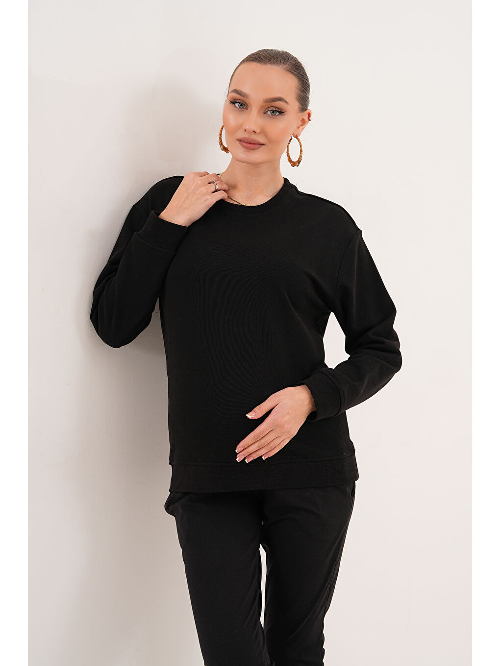 Siyah Bisiklet Yaka %100 Pamuk Hamile ve Lohusa Basic Sweatshirt-7