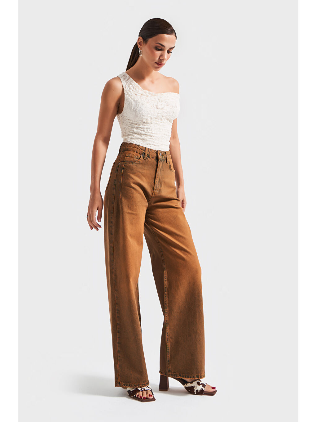 Kadın Kahverengi Olea 2w5-135 Wide Leg Fit %100 Pamuk İç Boy 80cm Denim Jean-1