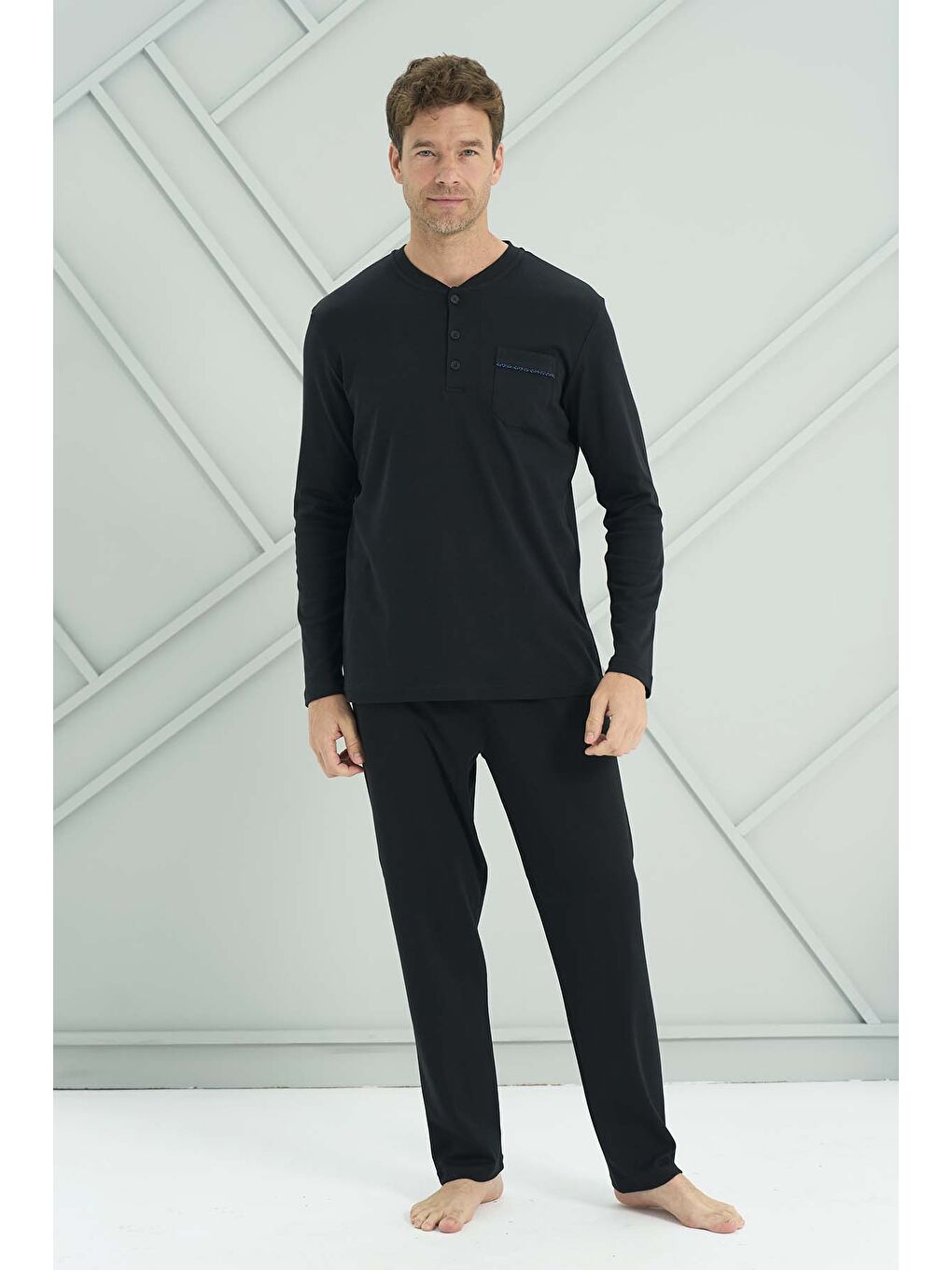 Erkek Penye Uzun Kol Pijama Takımı 2207 Siyah02