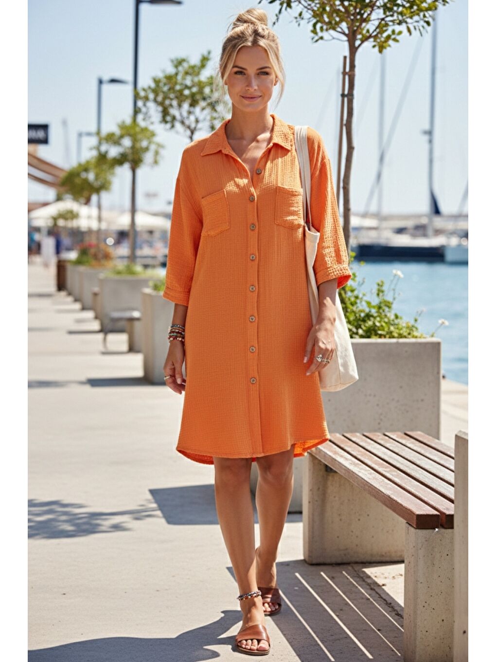Turuncu Gömlek Yaka Kısa Kol Düğmeli Çift Cepli Casual Müslin Salaş Dokuma Elbise 95 65-1
