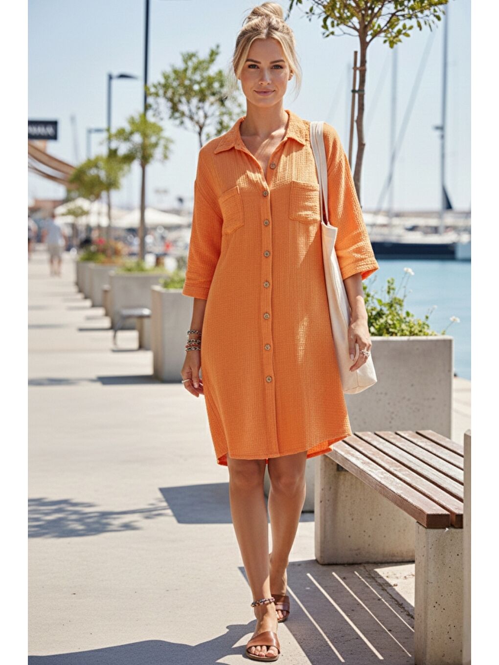 Turuncu Gömlek Yaka Kısa Kol Düğmeli Çift Cepli Casual Müslin Salaş Dokuma Elbise 95 65-2