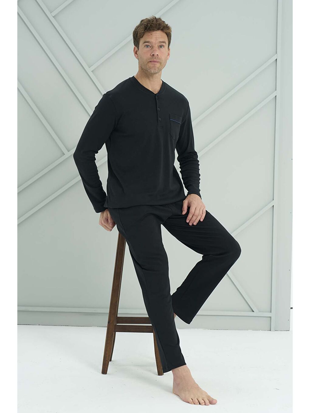 Erkek Penye Uzun Kol Pijama Takımı 2207 Siyah02-1