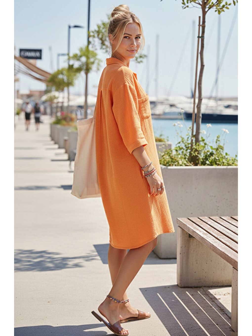 Turuncu Gömlek Yaka Kısa Kol Düğmeli Çift Cepli Casual Müslin Salaş Dokuma Elbise 95 65-3