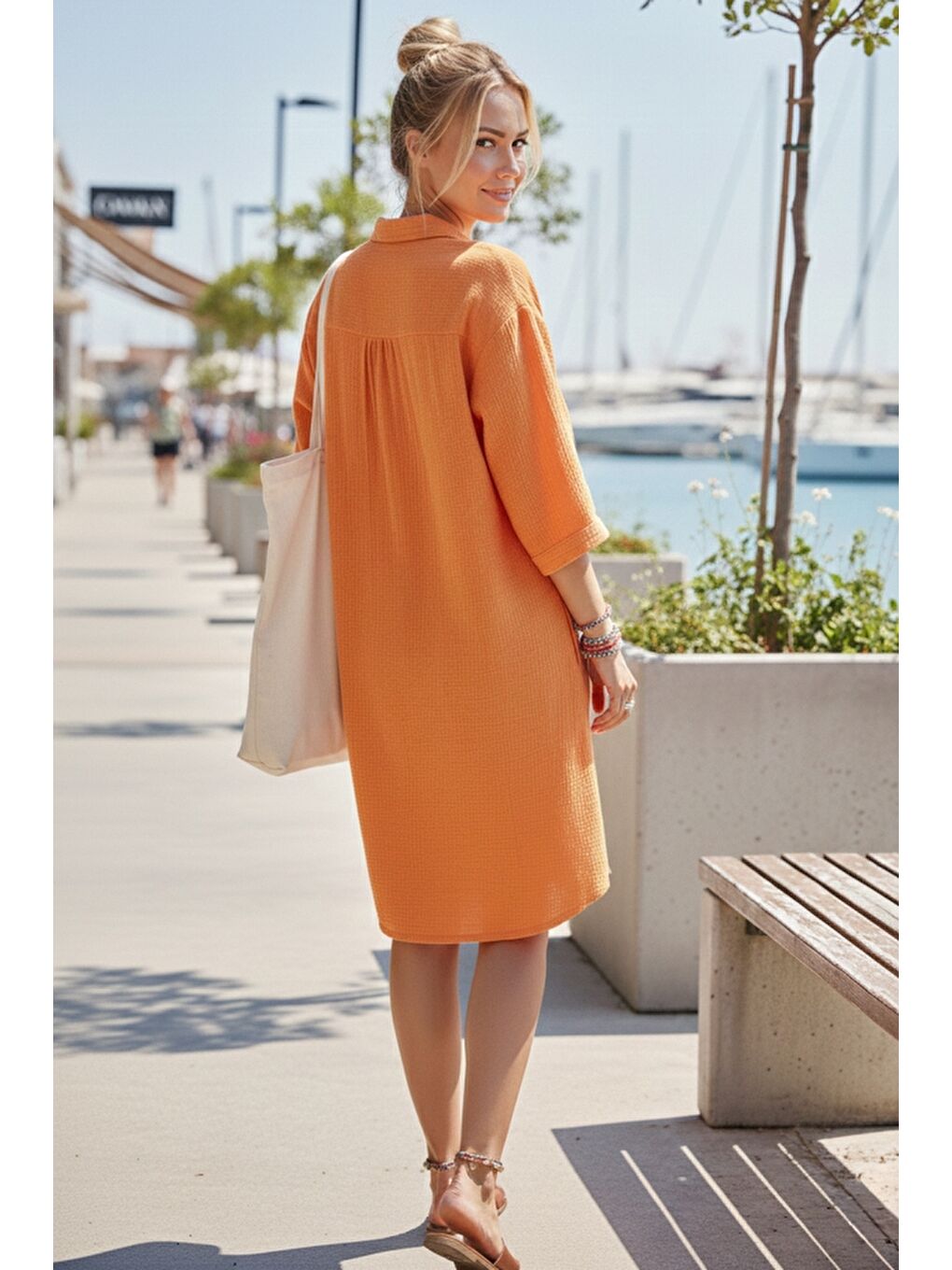 Turuncu Gömlek Yaka Kısa Kol Düğmeli Çift Cepli Casual Müslin Salaş Dokuma Elbise 95 65-4