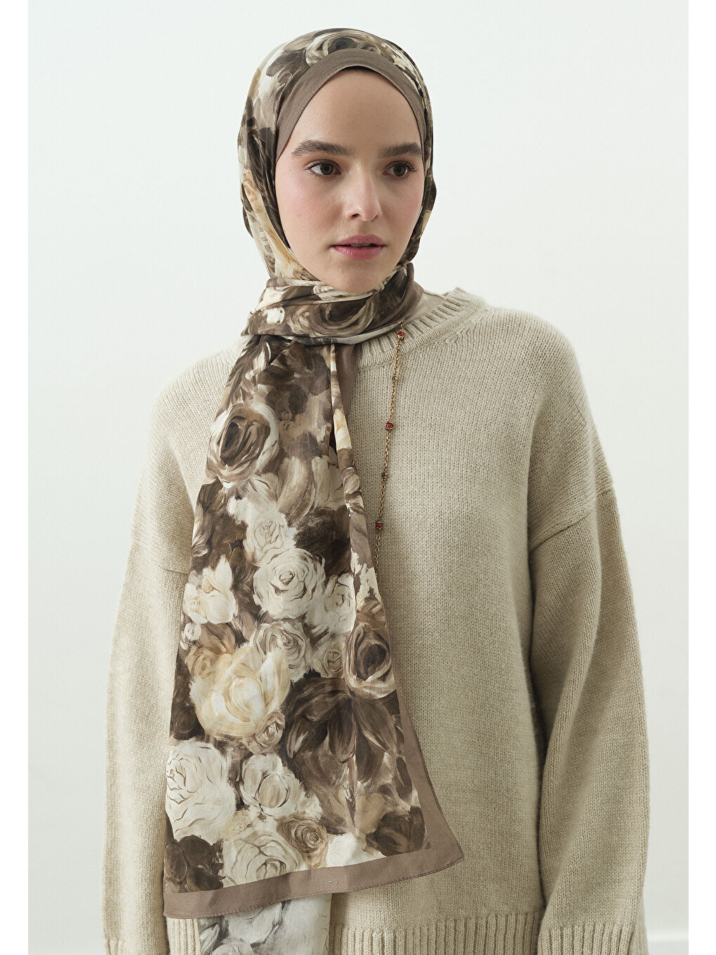 Bej ROSE BREEZE DESENLİ PAMUK VİSKON ŞAL VİZON-1