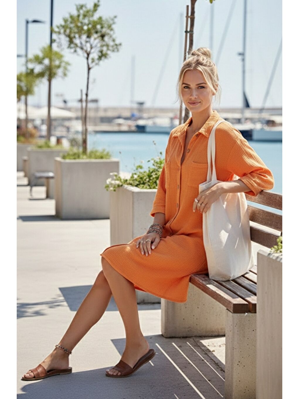 Turuncu Gömlek Yaka Kısa Kol Düğmeli Çift Cepli Casual Müslin Salaş Dokuma Elbise 95 65-5