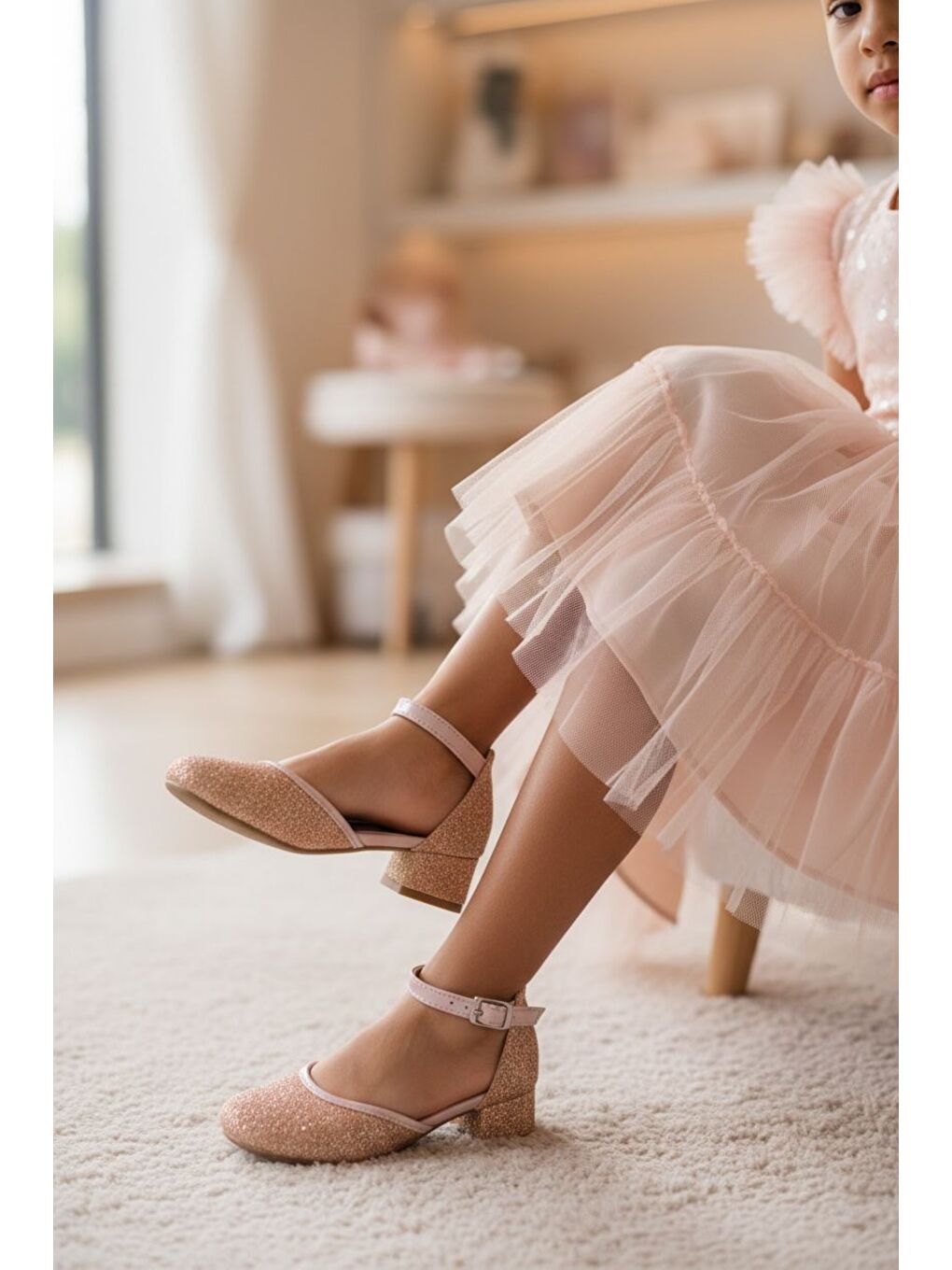 Bej Kız Çocuk Payetli Abiye Ayakkabı-1