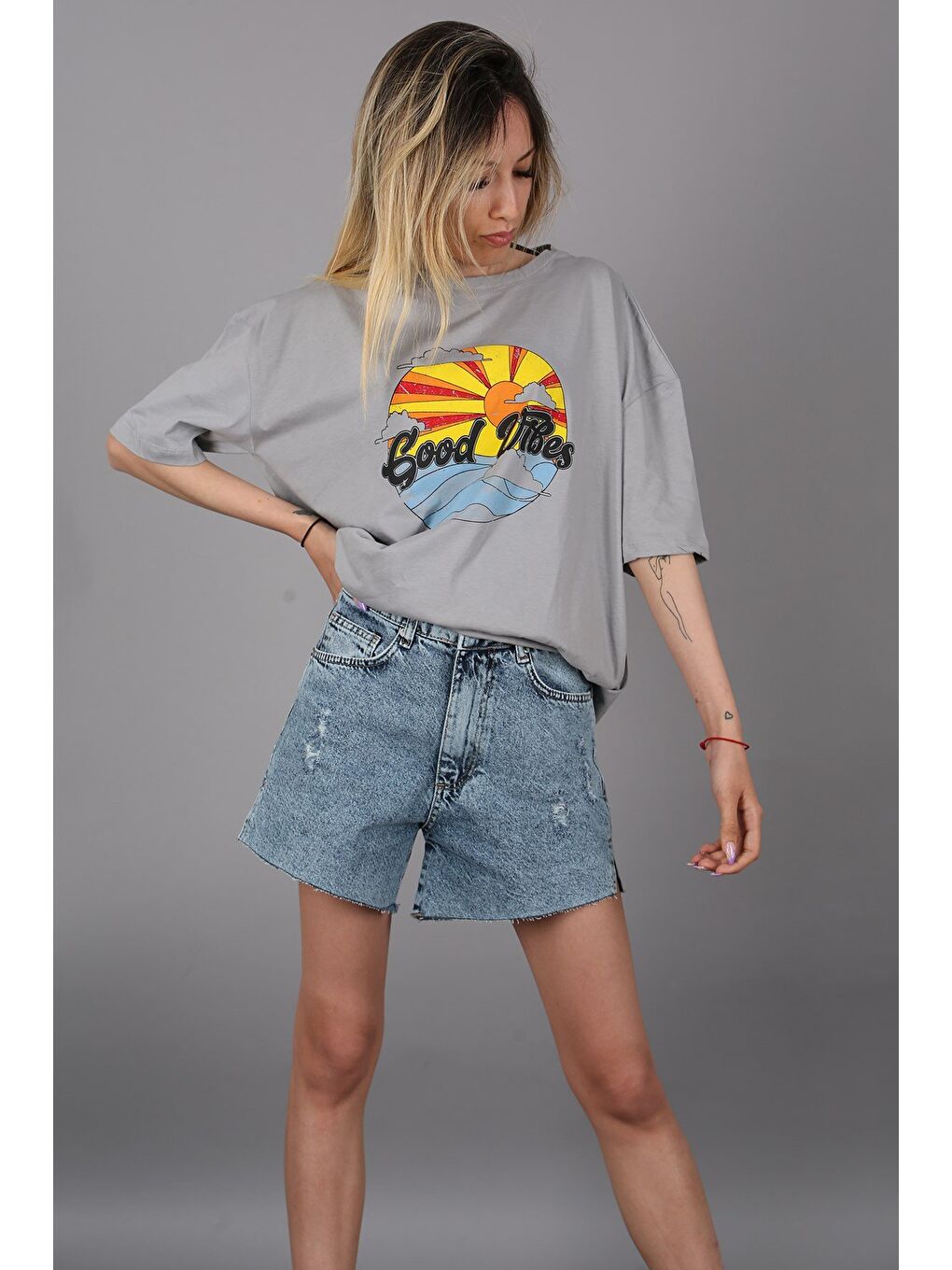 Gri Baskılı Tişört Mg1148-6