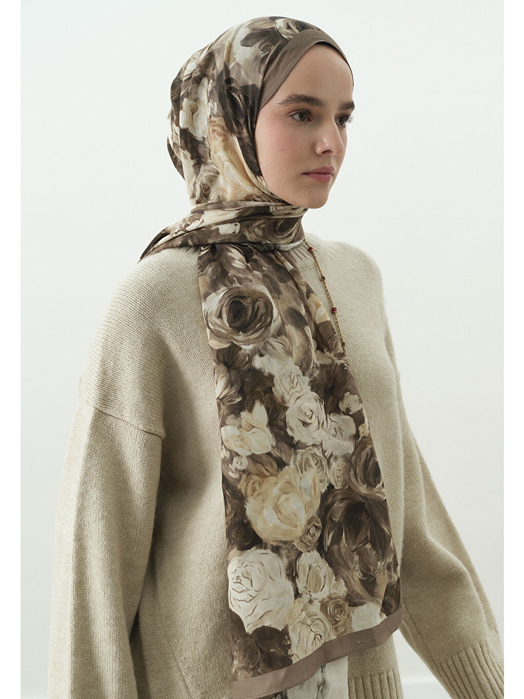 Bej ROSE BREEZE DESENLİ PAMUK VİSKON ŞAL VİZON-2