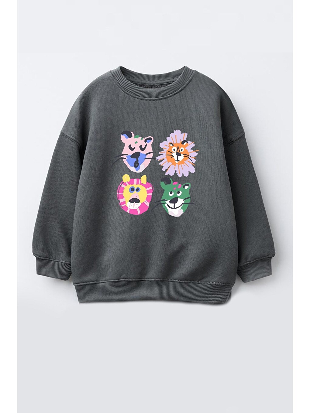 Antrasit Kız Çocuk 3 İplik Kumaş Pamuklu Hayvan Baskılı Sweatshirt