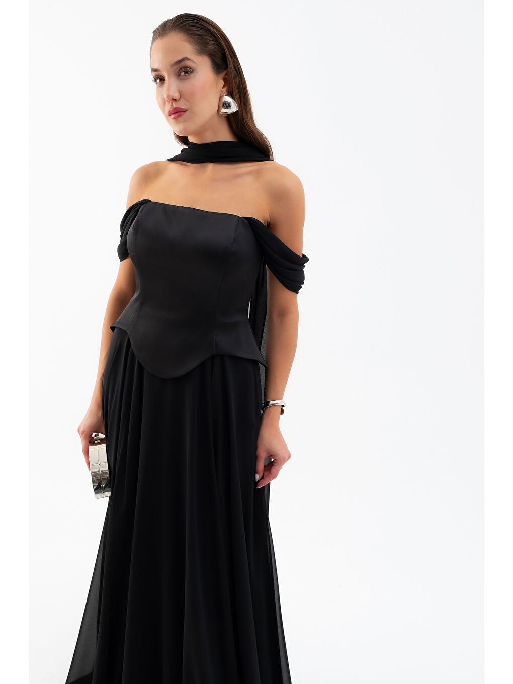 Kadın Siyah Şal Yaka Straplez Söz Nişan Abiye Elbise-2