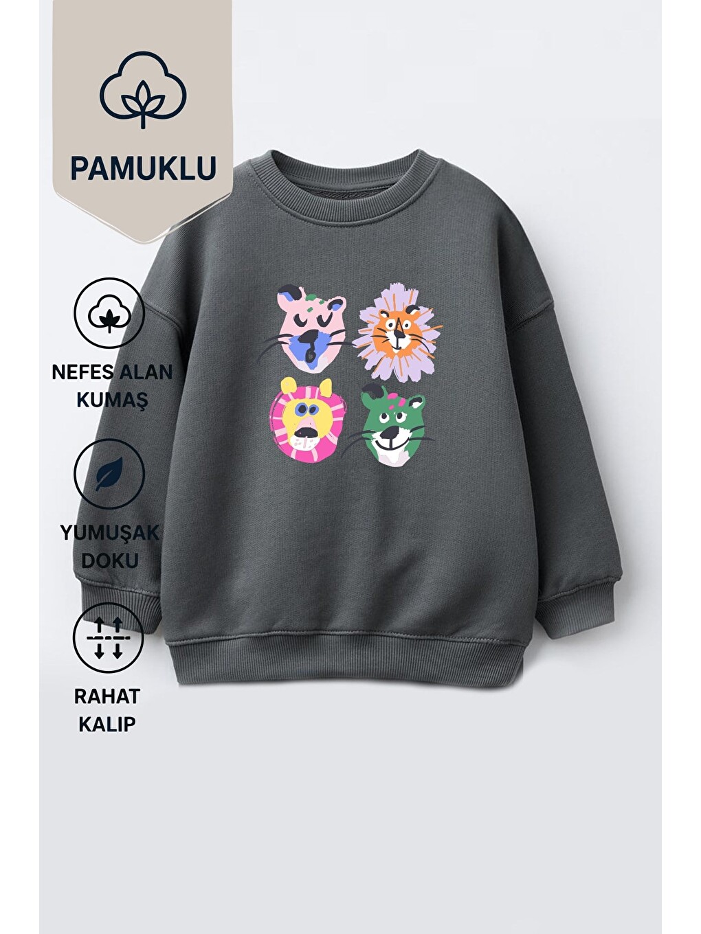 Antrasit Kız Çocuk 3 İplik Kumaş Pamuklu Hayvan Baskılı Sweatshirt-1